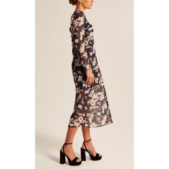 Abercrombie & Fitch Brown Emerson Long Sleeve Sheer Floral Midi Dress Sz Medium - Picture 3 of 8